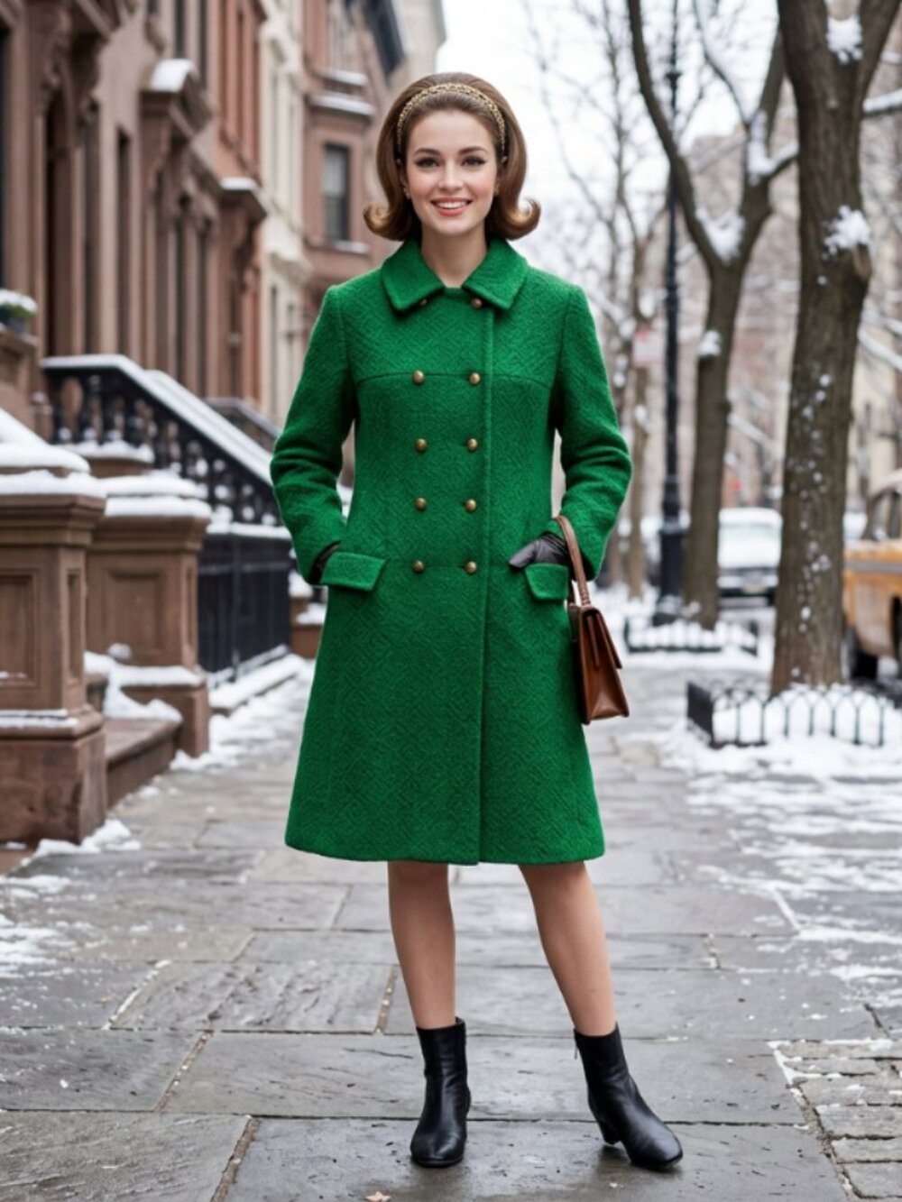 Vtg 60s Kelly Green Nubby Boucle Wool Princess Coat